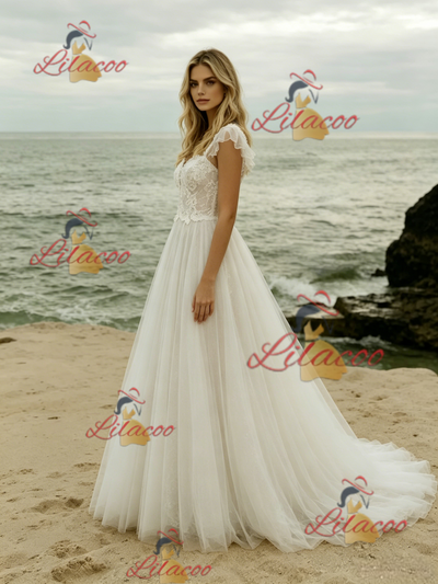 White Tulle Lace Straps Wedding Dress