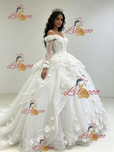 White Tulle Long Sleeve 3D Flower Quinceanera Dress