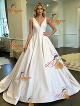 White Satin V-neck Wedding Dress