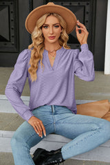 Solid Color V-neck Jacquard Long Sleeve T-shirt