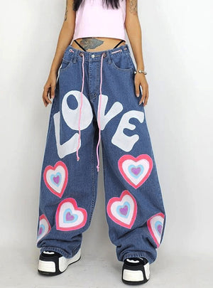 Contrasting Color Love Graffiti Print Loose Jeans