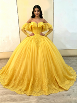 Yellow Tulle Off the Shoulder Appliques Quinceanera Dress