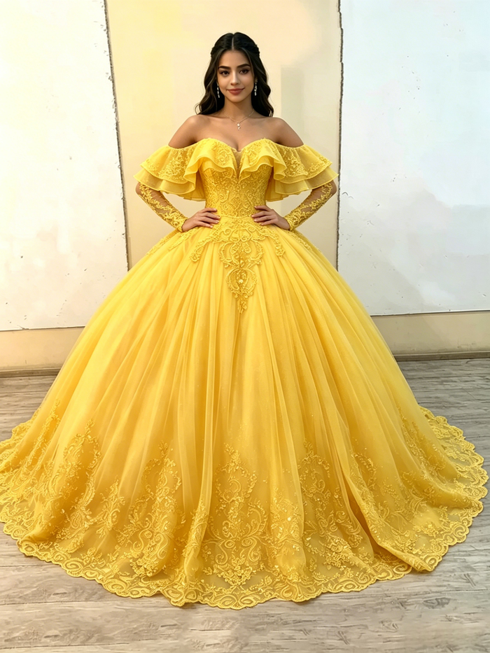 Yellow Tulle Off the Shoulder Appliques Quinceanera Dress