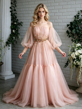 Pink Tulle Off the Shoulder Puff Sleeve Prom Dress