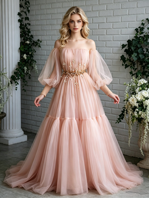 Pink Tulle Off the Shoulder Puff Sleeve Prom Dress