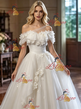 White Tulle One Shoulder Appliques Weding Dress