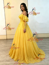 Yellow Tulle Off the Shoulder Appliques Quinceanera Dress