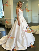White Satin V-neck Wedding Dress
