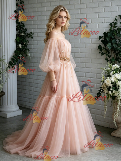 Pink Tulle Off the Shoulder Puff Sleeve Prom Dress