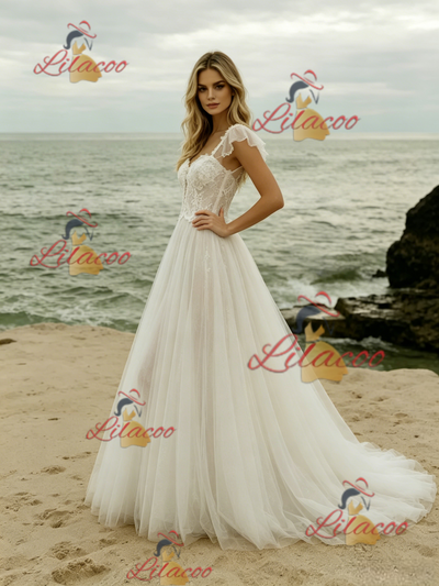 White Tulle Lace Straps Wedding Dress