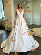 White Satin V-neck Wedding Dress