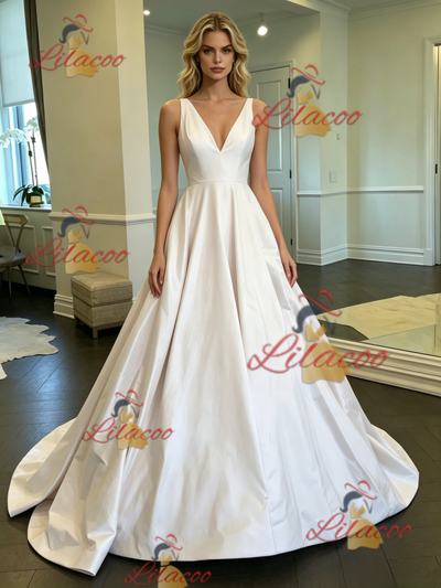 White Satin V-neck Wedding Dress