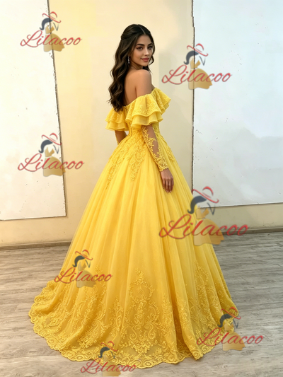 Yellow Tulle Off the Shoulder Appliques Quinceanera Dress
