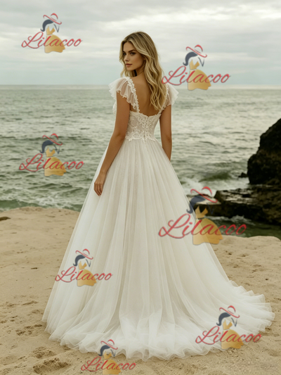 White Tulle Lace Straps Wedding Dress