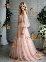 Pink Tulle Off the Shoulder Puff Sleeve Prom Dress