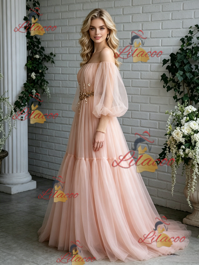 Pink Tulle Off the Shoulder Puff Sleeve Prom Dress