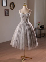 Gray Tulle Sequins Straps Beading Homecoming Dress