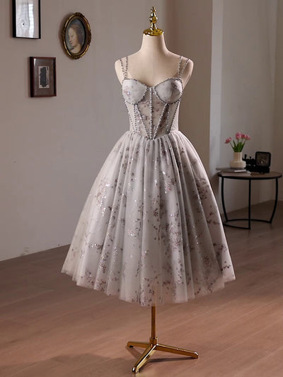 Gray Tulle Sequins Straps Beading Homecoming Dress