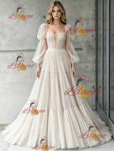 Ivory Tulle Long Sleeve Pleats Wedding Dress