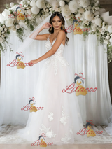 White Tulle Appliques Spahetti Straps Wedding Dress