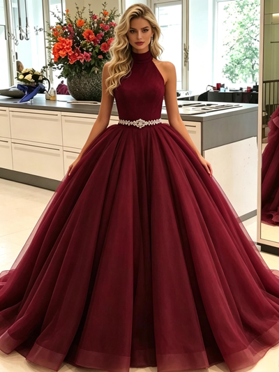 Bugundy Tuller Halter Prom Dress