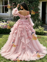 Pink Tulle Long Sleeve 3D Flower Quinceanera Dress