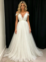 White Tulle Straps Pleats Wedding Dress