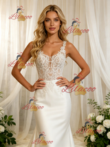 White Satin Lace Straps Wedding Dress