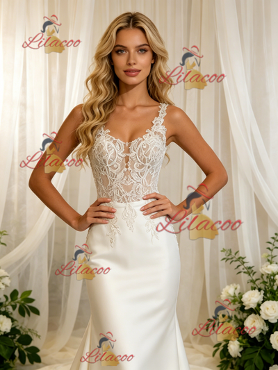 White Satin Lace Straps Wedding Dress
