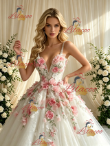 White Tulle Lace Straps 3D Appliques Wedding Dress