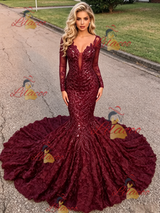 Burgundy Sequins Long Sleeve Prom Dress