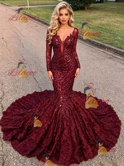 Burgundy Sequins Long Sleeve Prom Dress