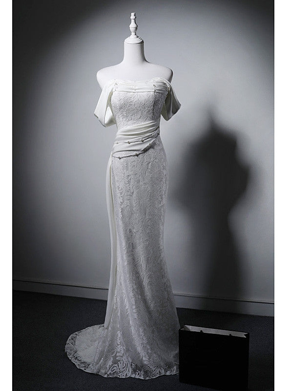 White Mermaid Lace Pearls Wedding Dress