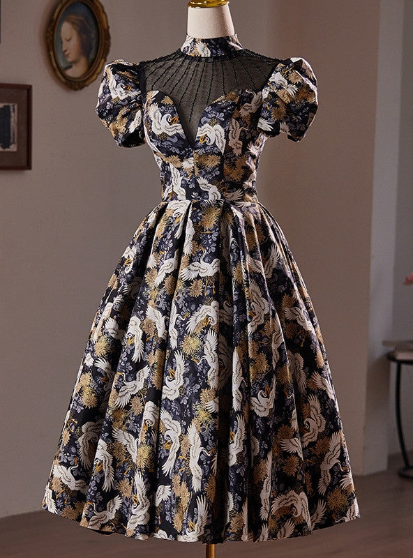 Black Puff Sleeve Backless Beading Homecoming Dress