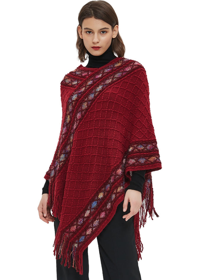 Folk Style Knitted Pullover Cloak Shawl