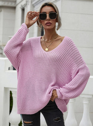 Solid Color Pullover V-neck Loose Sweater