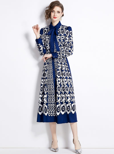 Lapel Long Sleeve Breasted Slim Print Dress