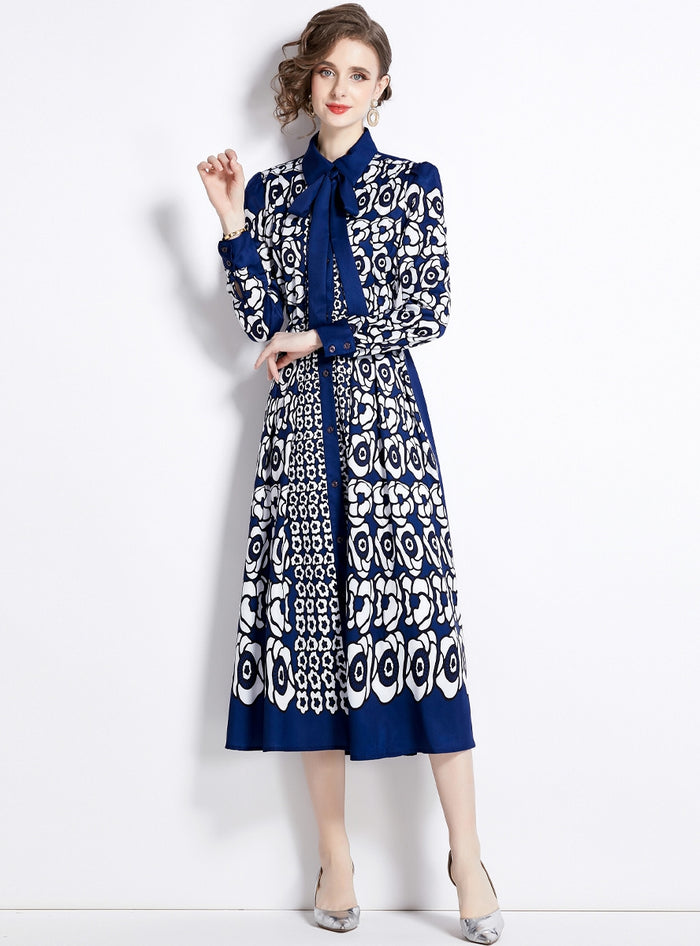 Lapel Long Sleeve Breasted Slim Print Dress