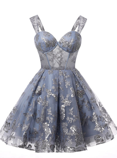 Sexy Gray Tulle Sequins Homecoming Dress