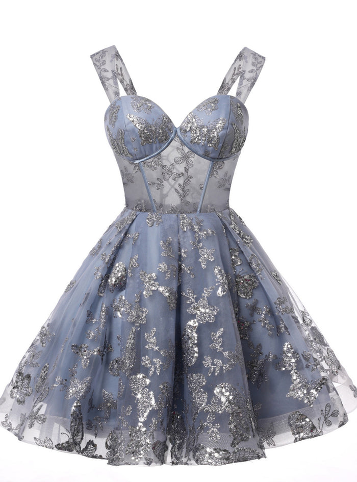 Sexy Gray Tulle Sequins Homecoming Dress