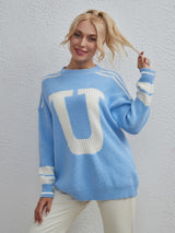 Color Matching Pullover Long Sleeve Letter Sweater