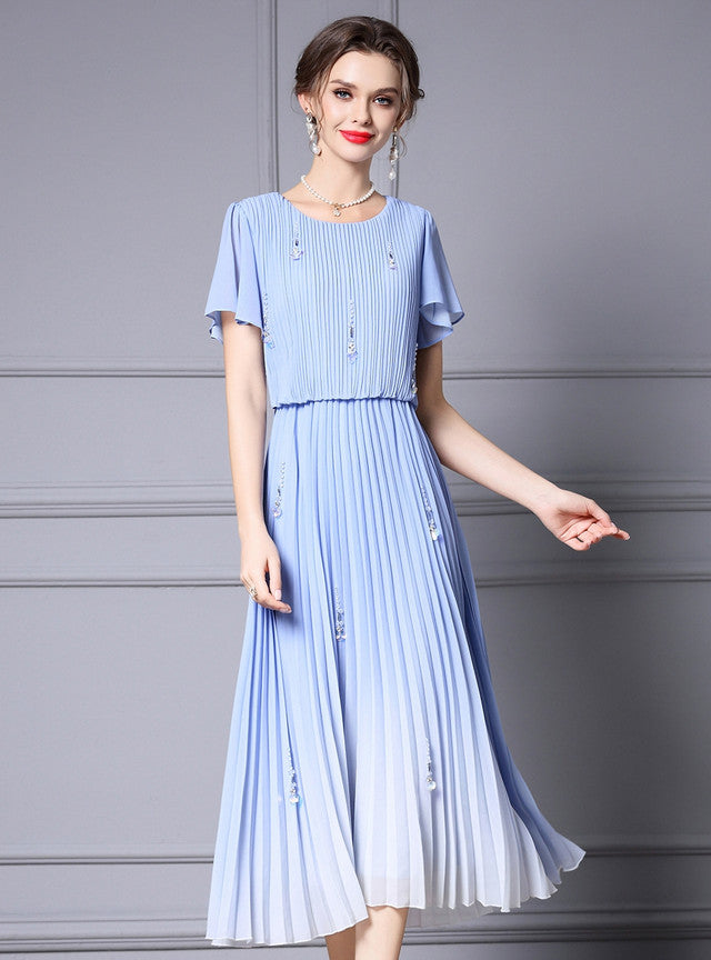 Gradient Blue Pleats Mother of the Bride Dress