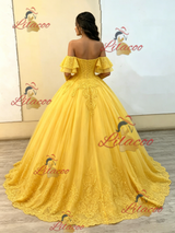 Yellow Tulle Off the Shoulder Appliques Quinceanera Dress
