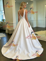 White Satin V-neck Wedding Dress