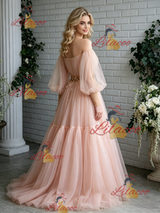 Pink Tulle Off the Shoulder Puff Sleeve Prom Dress