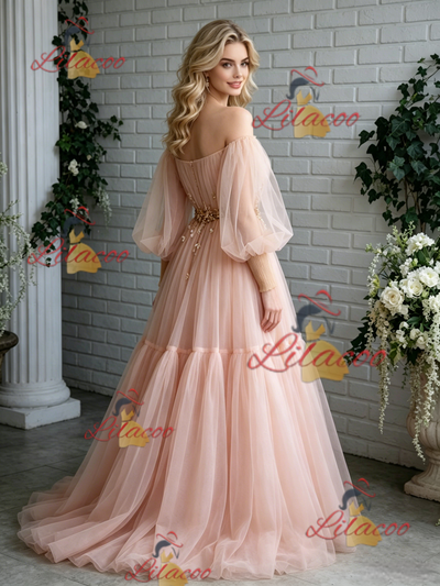 Pink Tulle Off the Shoulder Puff Sleeve Prom Dress