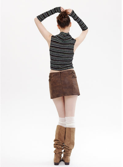 High-necked Sleeveless Striped Knitted Vest