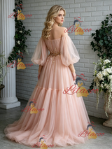 Pink Tulle Off the Shoulder Puff Sleeve Prom Dress