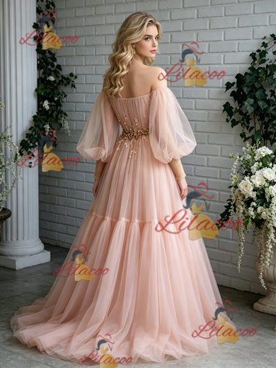 Pink Tulle Off the Shoulder Puff Sleeve Prom Dress