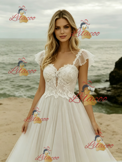 White Tulle Lace Straps Wedding Dress